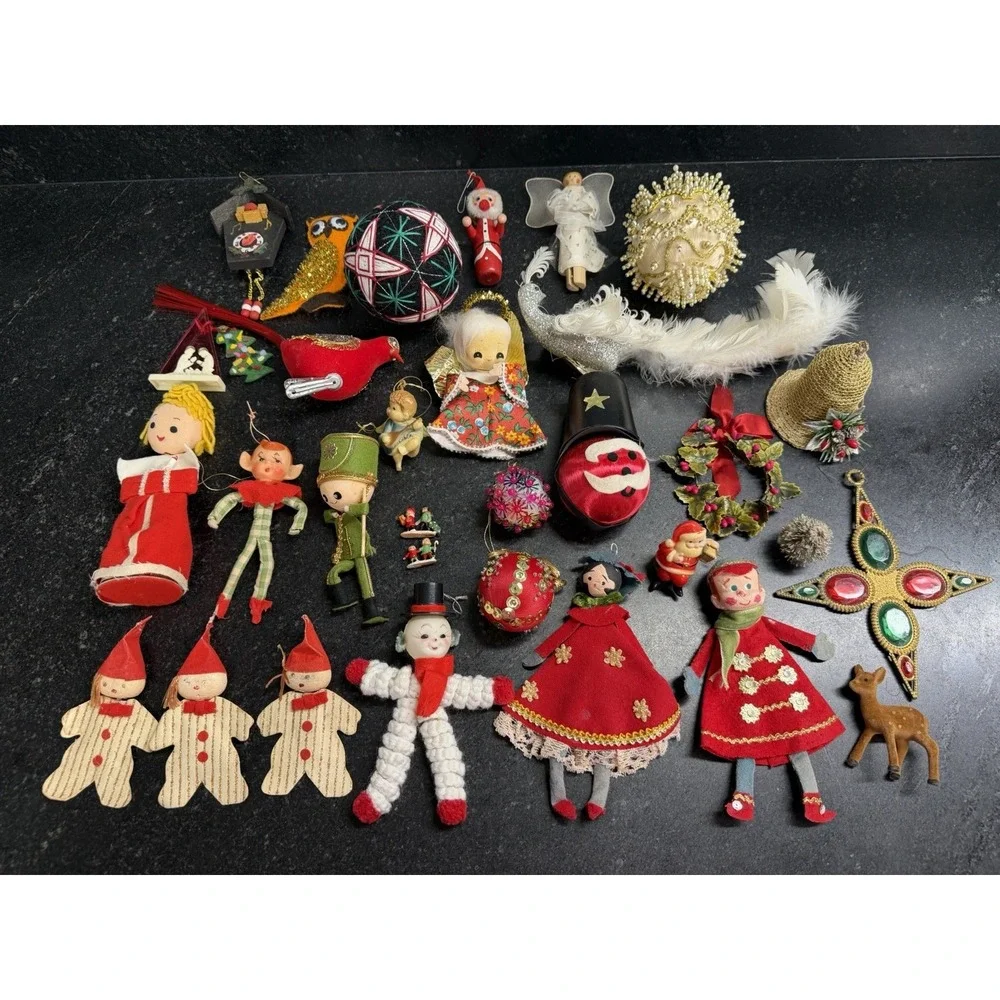 Vtg Christmas Ornament Lot Handmade Felt Wood Spun Cotton Santa Angel Elf 25+